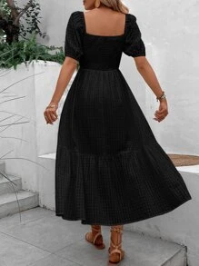 SHEIN VCAY Vestido de cuello cuadrado de manga farol bajo con fruncido - Negro - Ver 2