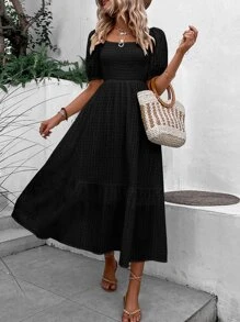 SHEIN VCAY Vestido de cuello cuadrado de manga farol bajo con fruncido - Negro - Ver 3