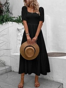 SHEIN VCAY Vestido de cuello cuadrado de manga farol bajo con fruncido - Negro - Ver 4