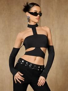 SHEIN ICON Solid Cut Out Halter Top With Arm Sleeves - Black - View 4