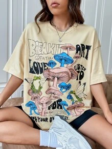 SHEIN EZwear Mushroom & Slogan Graphic Drop Shoulder Tee - Beige - View 1