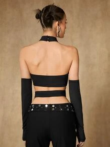 SHEIN ICON Solid Cut Out Halter Top With Arm Sleeves - Black - View 2