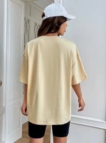 SHEIN EZwear Mushroom & Slogan Graphic Drop Shoulder Tee - Beige - View 2