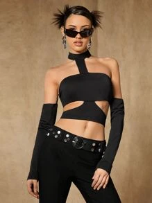 SHEIN ICON Solid Cut Out Halter Top With Arm Sleeves - Black - View 1