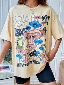 SHEIN EZwear Mushroom & Slogan Graphic Drop Shoulder Tee - Beige - View 4
