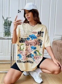 SHEIN EZwear Mushroom & Slogan Graphic Drop Shoulder Tee - Beige - View 5