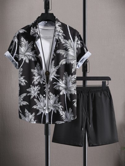 قميص رجالي بطبعة استوائية وشورت بخصر رباط بدون تي شيرت، ملابس مريحة