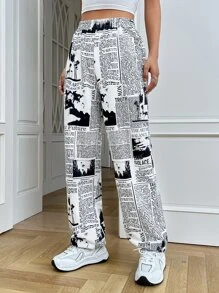 SHEIN EZwear 報紙印花運動褲 - 黑與白 - 查看 1