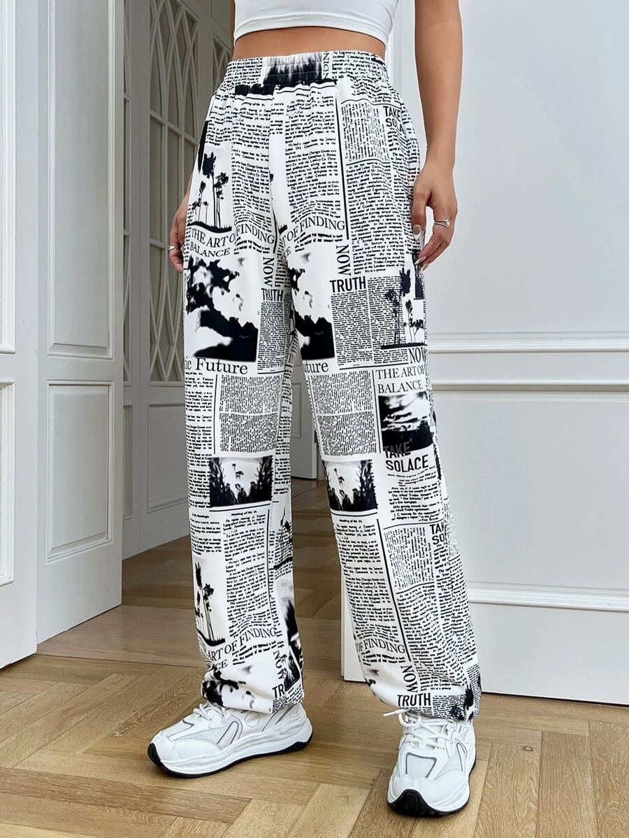 SHEIN EZwear 報紙印花運動褲 - 黑與白 - 查看 1