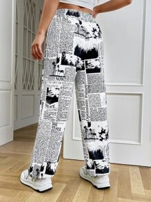 SHEIN EZwear 報紙印花運動褲 - 黑與白 - 查看 2