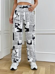 SHEIN EZwear 報紙印花運動褲 - 黑與白 - 查看 3