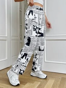 SHEIN EZwear 報紙印花運動褲 - 黑與白 - 查看 4