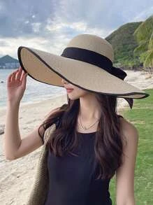 一頂女士遮陽帽，帶蝴蝶結肩帶，可摺疊寬邊遮陽帽，適用於海灘和防曬 - 米色 - 查看 1