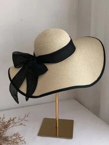 一頂女士遮陽帽，帶蝴蝶結肩帶，可摺疊寬邊遮陽帽，適用於海灘和防曬 - 米色 - 查看 2