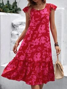 SHEIN VCAY Vestido smock con estampado floral bajo con fruncido - Rosa Fucsia - Ver 5
