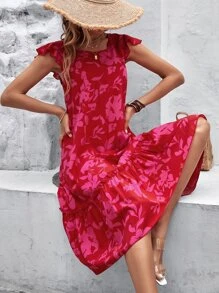 SHEIN VCAY Vestido smock con estampado floral bajo con fruncido - Rosa Fucsia - Ver 1