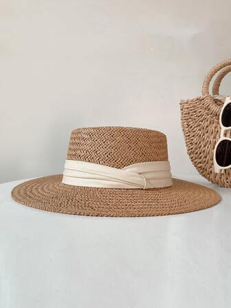 1pc Women's Summer Sun Hat Made Of Paper Straw, Adjustable And Suitable For The Beach, Straw Weaved Stylish Design