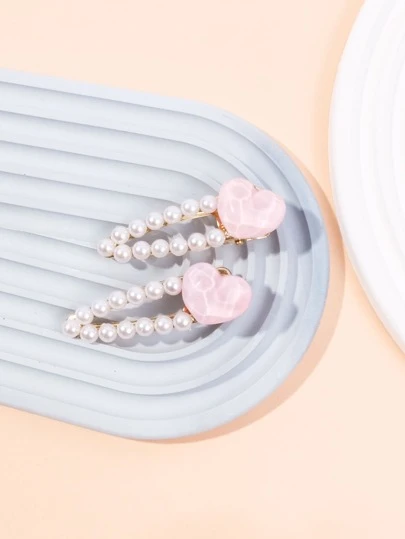 2入組愛心和人造珍珠裝飾鴨嘴夾