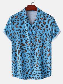 ROMWE MEN Street Life 男士豹纹口袋贴布衬衫，学校 - 藍色 - 查看 1