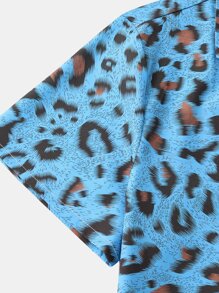 ROMWE MEN Street Life 男士豹纹口袋贴布衬衫，学校 - 藍色 - 查看 4