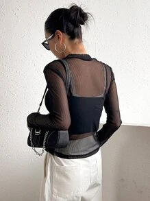 DAZY Top transparente de malla sin camiseta interior, ropa de mujer para otoño - Negro - Ver 2