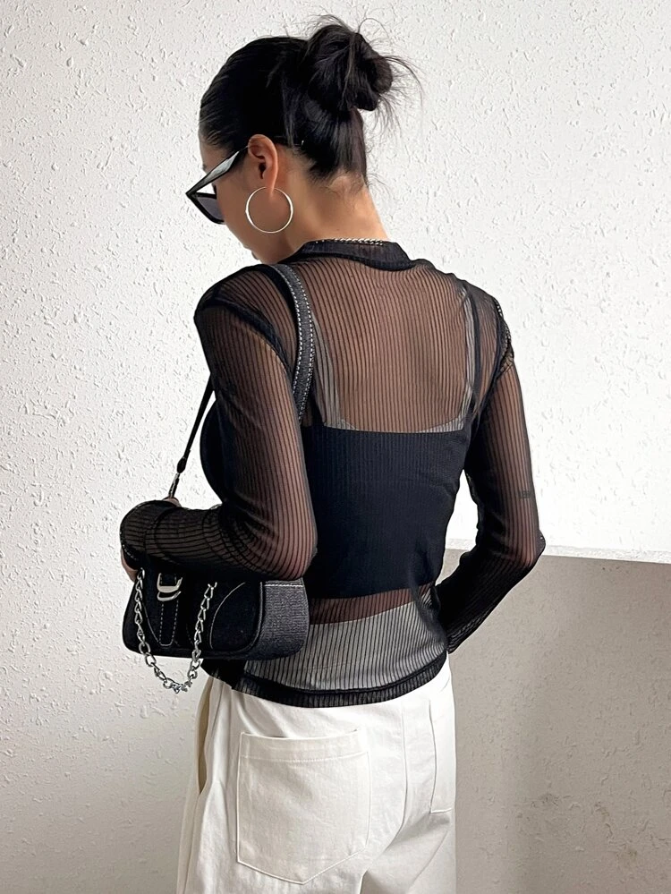 Top transparente de malla sin camiseta interior, ropa de mujer para otoño