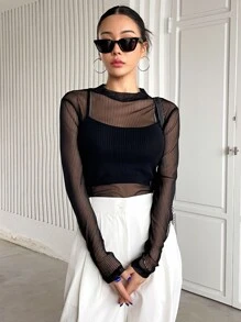 DAZY Top transparente de malla sin camiseta interior, ropa de mujer para otoño - Negro - Ver 3