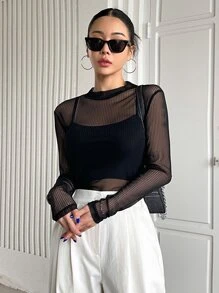 DAZY Top transparente de malla sin camiseta interior, ropa de mujer para otoño - Negro - Ver 4