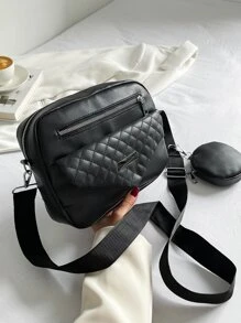 Mini Quilted Metal Decor Square Bag With Coin Purse - Black - View 3