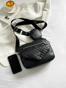 Mini Quilted Metal Decor Square Bag With Coin Purse - Black - View 7