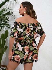 SHEIN VCAY Plus Tropical Print Off Shoulder Crop Top & Pompom Trim Shorts - Multicolor - View 2