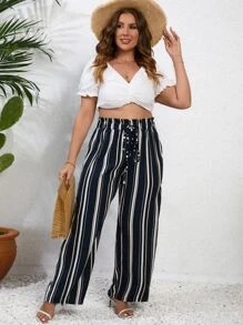 SHEIN VCAY Casual Gestreept Grote maten broeken Geknoopt Broek met