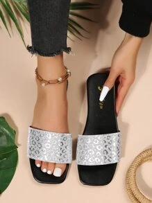 Women Metallic Leopard Pattern Slide Sandals, Glitter Glamorous Flat Sandals Silver - Silver - View 1