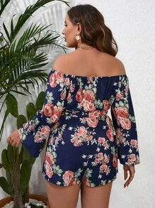 SHEIN VCAY 大碼印花一字肩腰帶連身短褲 - 彩色 - 查看 2