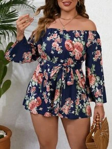 SHEIN VCAY 大碼印花一字肩腰帶連身短褲 - 彩色 - 查看 5