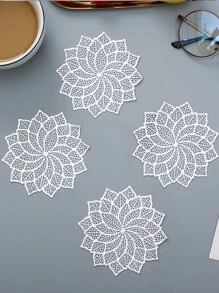 4 PVC Placemat, Phong Cách Châu Âu Kim Loại Hình Chiếc Lá Rỗng Ra Bàn Cho Bàn Ăn - Bạc - Xem 3