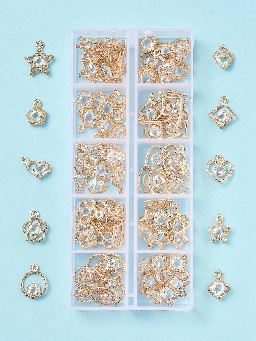 1盒100入組10款挂件電鍍鐵吊飾帶水晶水鑽混合形狀隨機水鑽裝飾星星和心形DIY吊墜