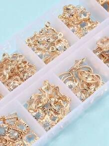 1盒100入組10款挂件電鍍鐵吊飾帶水晶水鑽混合形狀隨機水鑽裝飾星星和心形DIY吊墜