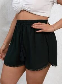 SHEIN VCAY Plus Guipure Lace Trim Tassel Tie Waist Shorts - Black - View 1