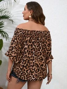 SHEIN VCAY Plus Leopard Print Off Shoulder Flounce Sleeve Blouse - Multicolor - View 2