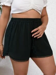 SHEIN VCAY Plus Guipure Lace Trim Tassel Tie Waist Shorts - Black - View 3