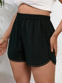 SHEIN VCAY Plus Guipure Lace Trim Tassel Tie Waist Shorts - Black - View 4