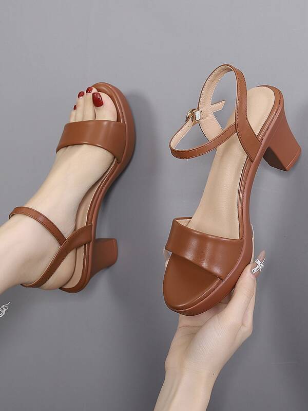 Women Buckle Decor Platform Chunky Heeled Sandals, Elegant Brown Ankle Strap Sandals