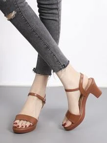 Women Buckle Decor Platform Chunky Heeled Sandals, Elegant Brown Ankle Strap Sandals