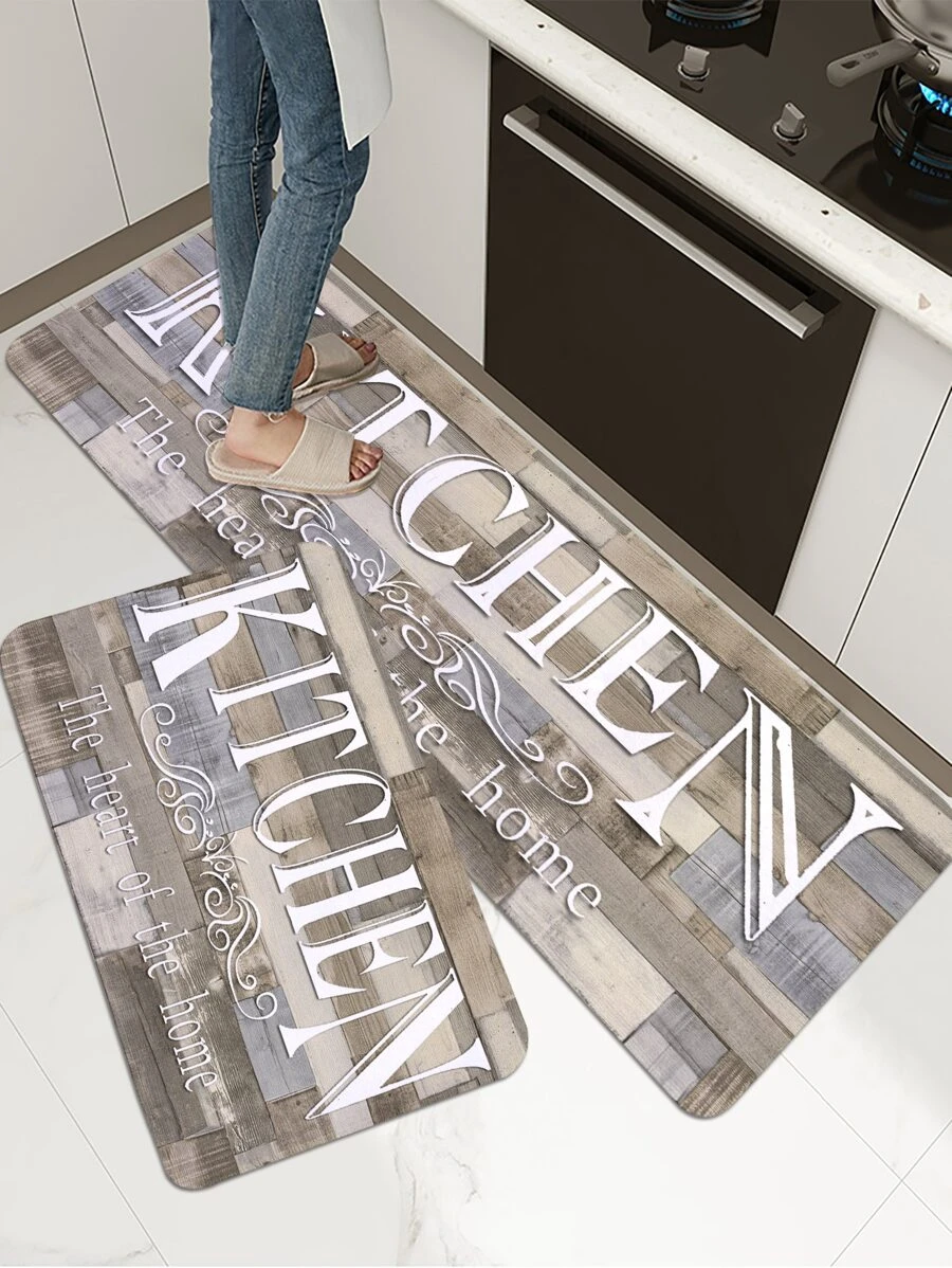 1/2 Pc Wood Grain Text Printed Kitchen Mat, Soft Plush Rectangular Non-Slip Floor Rug For Living Room, Dining Room, Kitchen - Multicolor - View 1