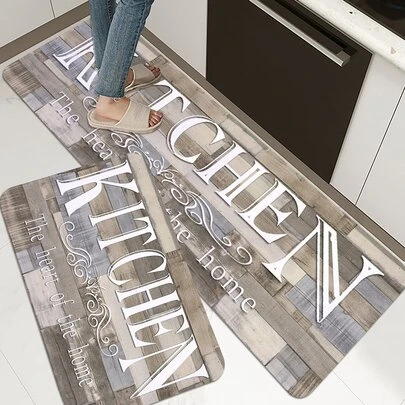 1/2 件木纹文字印花厨房垫，柔软毛绒矩形防滑地毯，适用于客厅、餐厅、厨房