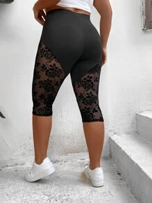 SHEIN Unity Plus Contrast Floral Mesh Leggings - Black - View 3