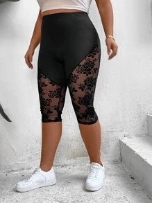 SHEIN Unity Plus Contrast Floral Mesh Leggings - Black - View 4