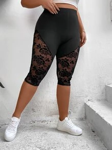 SHEIN Unity Plus Contrast Floral Mesh Leggings - Black - View 5