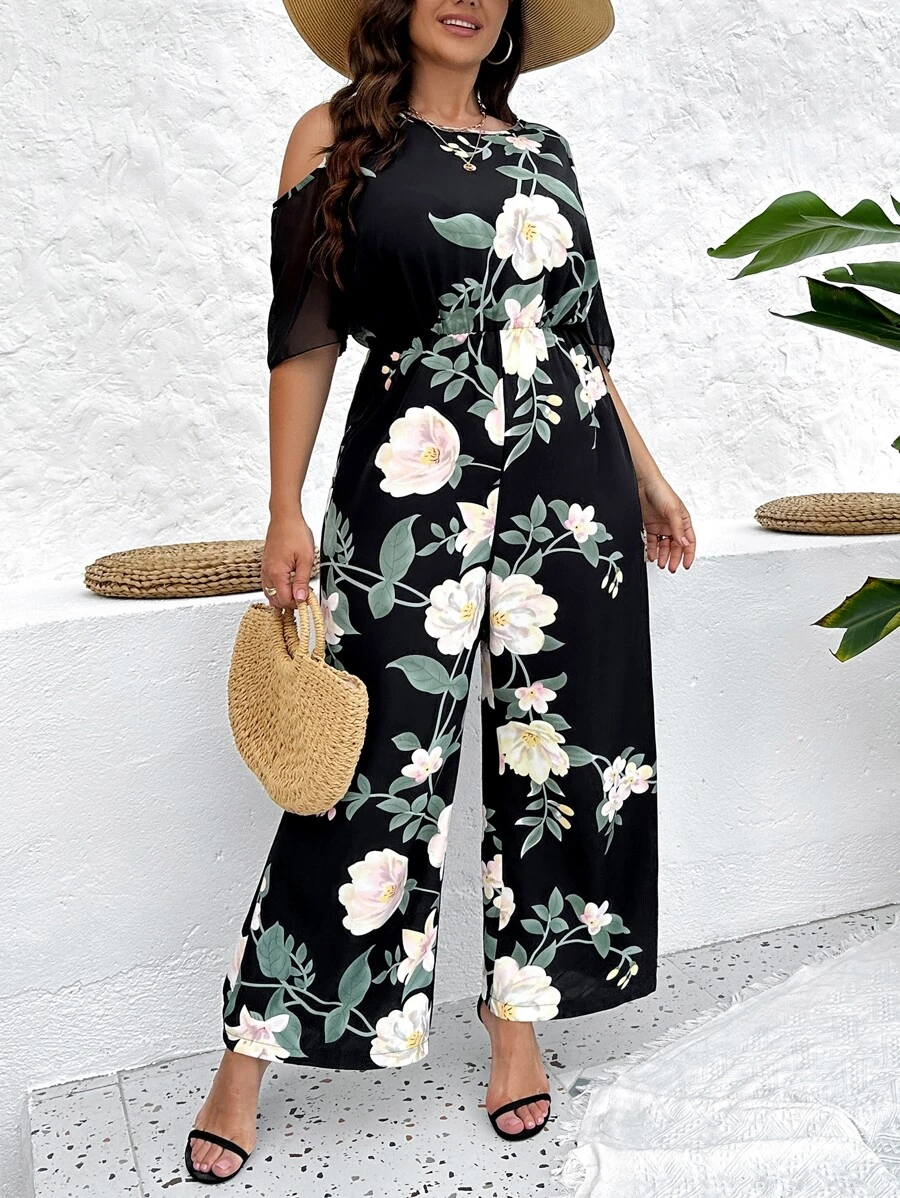 SHEIN Unity Jumpsuits Plus Size Cắt ra Dây kéo Hoa Tất cả trên in Boho - Nhiều màu - Xem 1